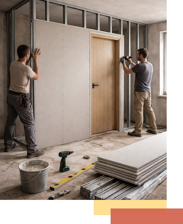 Перегородка из гипсокартона с дверью под ключ в Усть-куте