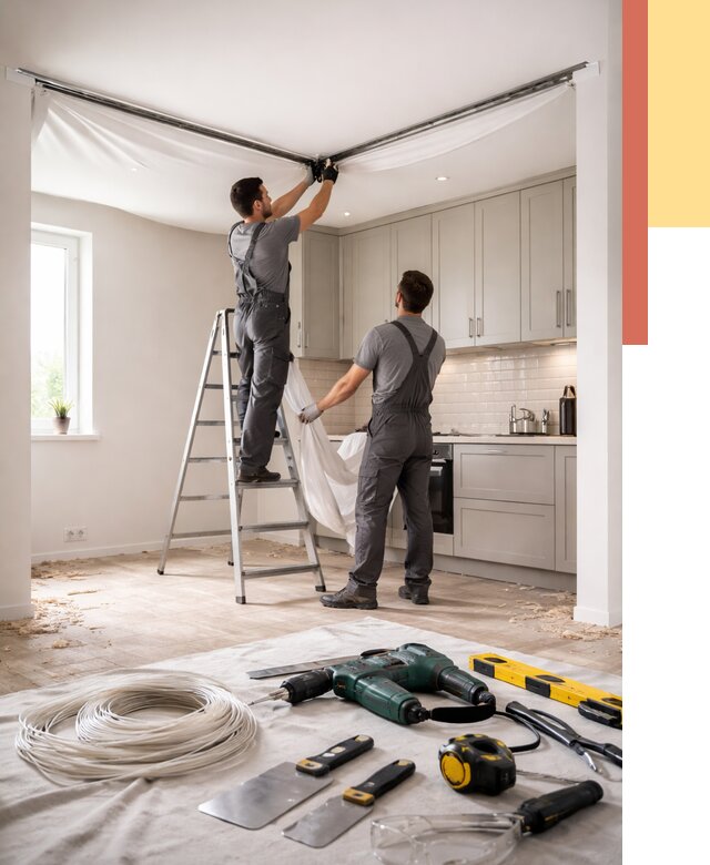 Установка натяжного потолка на кухне в Усть-куте от 2471 руб. | ОТДЕЛОЧНИК-Утк