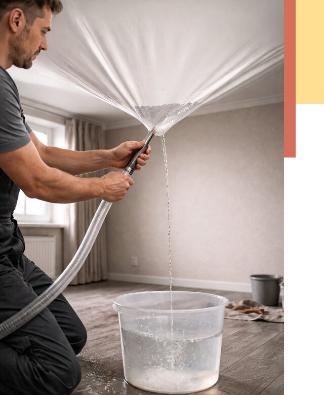 Слив воды с натяжного потолка в Усть-куте от 2574 руб. быстро и недорого | ОТДЕЛОЧНИК-Утк