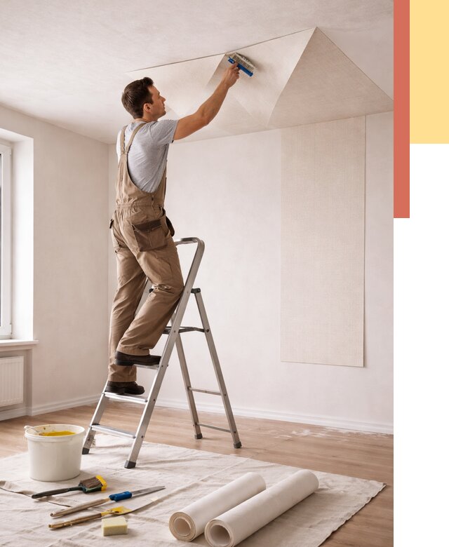 Поклейка обоев на потолок в Усть-куте от 4634 руб. быстро и недорого | ОТДЕЛОЧНИК-Утк